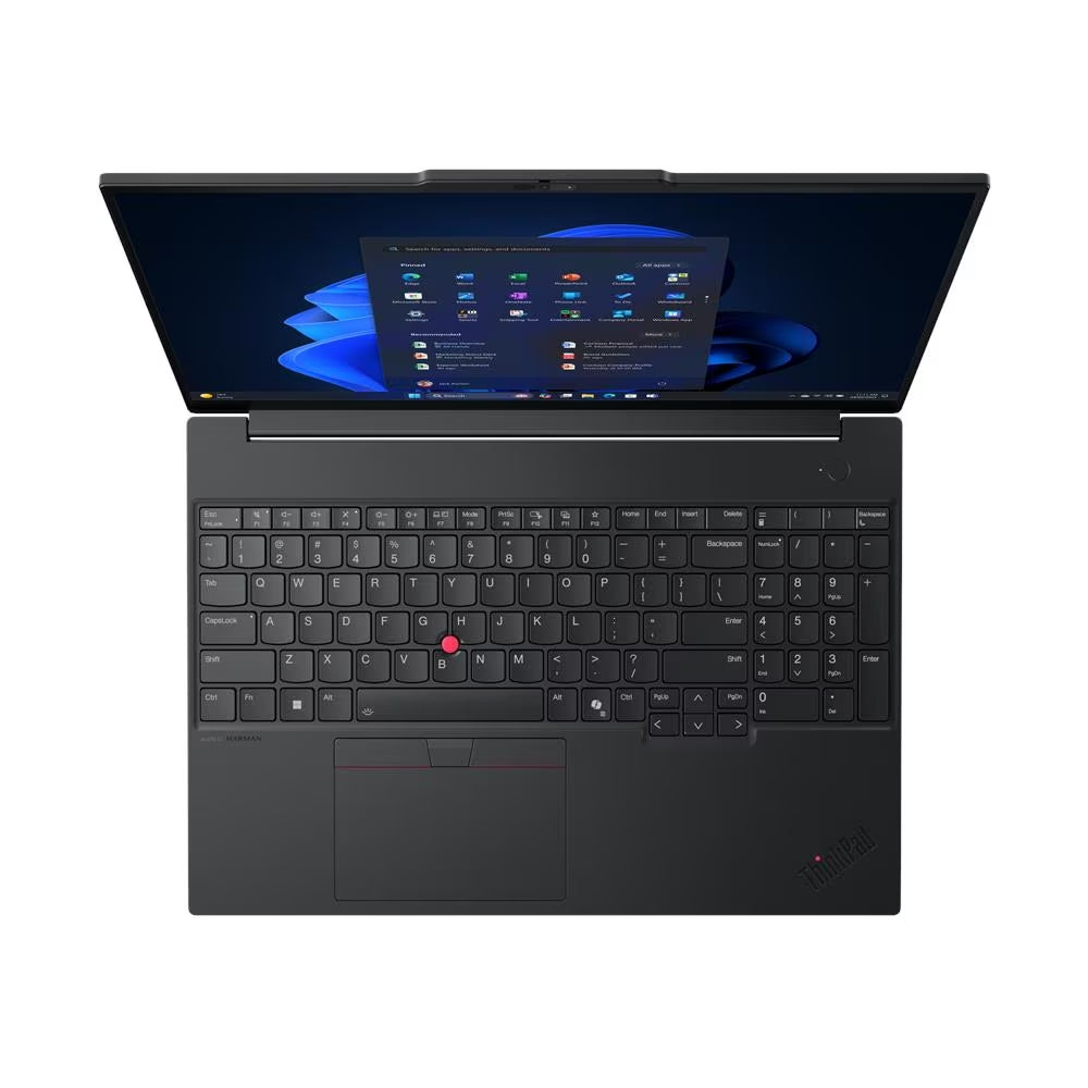 Vista dall’alto del Lenovo ThinkPad E16 Gen 3 con tastiera completa e touchpad, ideale per lavoro intensivo e mobilità professionale. Vista dall’alto del Lenovo ThinkPad E16 Gen 3 con tastiera completa e touchpad, ideale per lavoro intensivo e mobilità professionale.